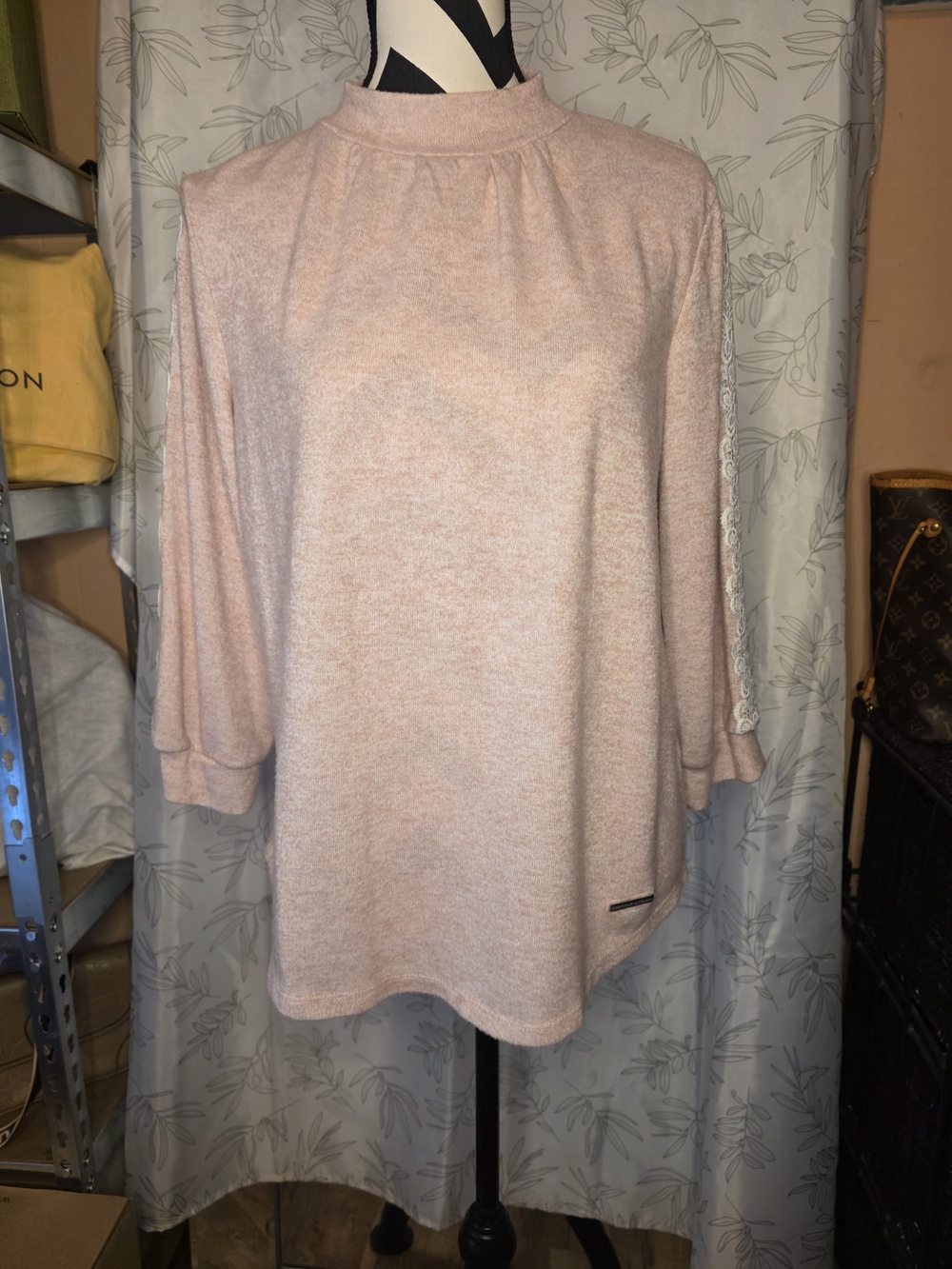 Adrienne Vittadini Light Pink Mock Neck Tunic with Lace Sleeve Detail
